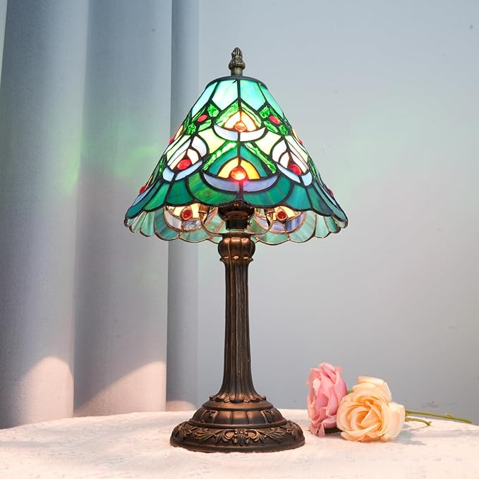 Green Peacock Decor Small Tiffany Style Table Lamp Antique Stained Glass Lamps Vintage Bedroom Bedside Reading Light Living Room Hotel Bar Kitchen Home Red Glass Bead Cute Accent Night Light 8 Inch