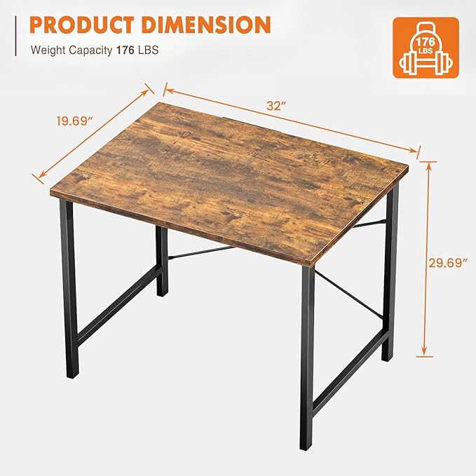 Sweetcrispy Computer Small Office Desk 32 Inch Student Kids Study Writing Work with Metal Frame Wood Tabletop Modern Simple PC Home Bedroom Table, Rustic Brown