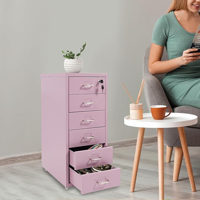 DYRABREST 6 Drawers Rolling File Cabinet, Metal Filing Cabinets with Lock, 27 inch H Vertical Filing Cabinet Under Desk for Home Office, Heavy Duty Metal Storage Cabinet for A4/Letter/Legal Size File