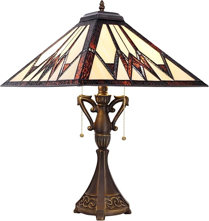 Tiffany Table Lamp Stained Glass Cream Amber Square Geometric Mission Style Desk Reading Light 16X16X24 Inch for Bedroom Living Room Home Office