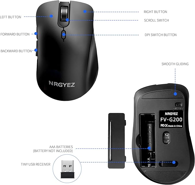 Wireless Mouse, 2.4G Ergonomic Optical Mouse, Computer Mouse for Laptop, PC, Computer, Chromebook, Notebook, 6 Buttons, 3200 DPI, 3 Adjustment Levels(Black)