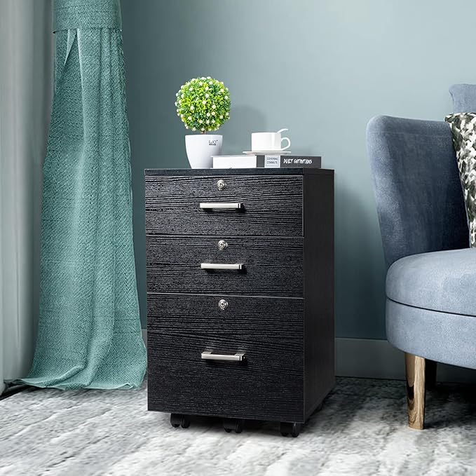 Karl home Wooden File Cabinet, 3 Drawer Vertical File Cabinets with 3 Lock,Printer Stand Mobile Storage Cabinet,Filing Storage Drawer for Home,Office,Black(15.75" L x 15.75" W x 26.1" H)