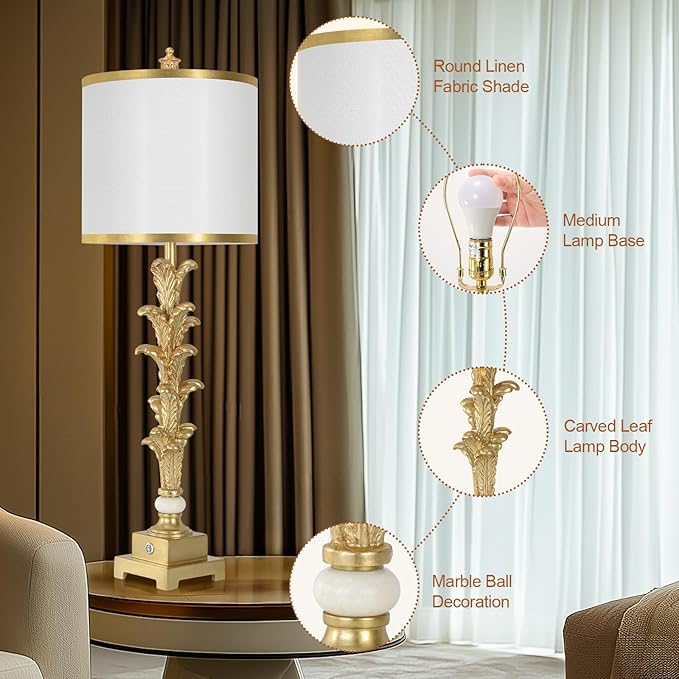 Touch Control Table Lamps Set of 2, 3-Way Dimmable Nightstand Lamps with USB A+C Ports, 33'' Tall Buffet Lamps with White Shade, Gold Leaf Finish Lamp for Bedroom Living Room Dinning House Office