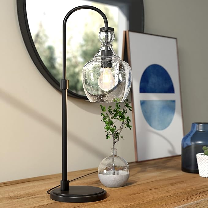 Henn&Hart 27'' Mid-Century Modern 1-Light Table Lamp with Seeded Glass Dome Shade for Living Room, Bedroom, or Office, Blackened Bronze