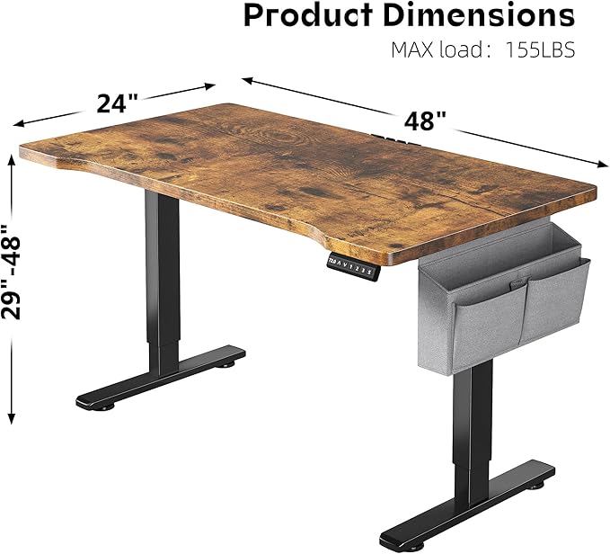 EnHomee 48 Inch Electric Standing Desk, 3 Adjustable Height Stand up Desk for Home Office, Height Adjustable Desks with Detachable Side Mount Pocket, Headphone Hook, Light Strip, Computer Desk, Brown