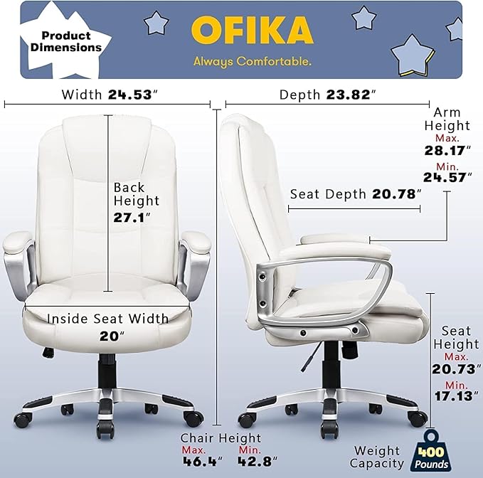 OFIKA Home Office Chair, 400LBS Big and Tall Chair Heavy Duty Design, Ergonomic High Back Cushion Lumbar Back Support, Computer Desk Chair, Adjustable Executive Leather Chair with Armrest