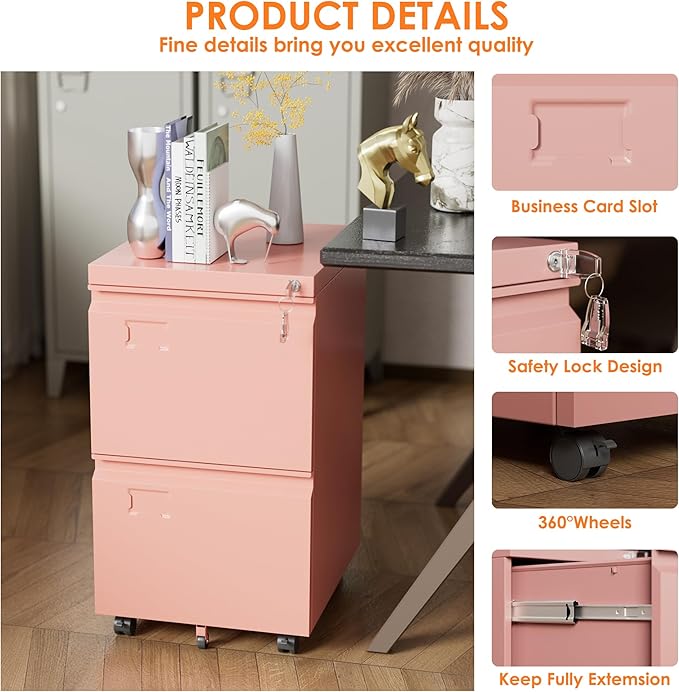 2 Drawers Metal File Cabinet with Lock, Under Desk Mobile Filing Storage Cabinet with Business Card Slot for Letter/Legal/F4/A4 Size Folders,Required Assembly,14.57"W x 17.36"D x 25.79"H,Pink