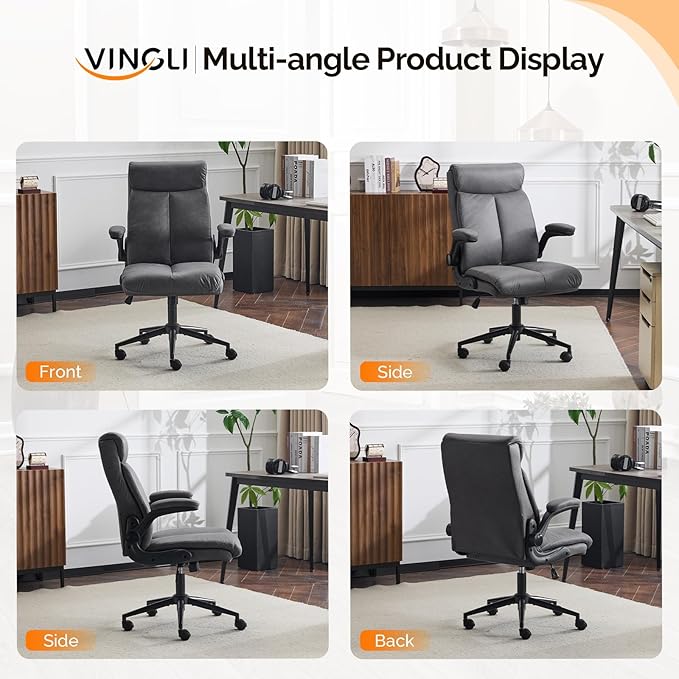 VINGLI Rolling Ergonomic Office Desk Chair with Padded Flip-up Arms, 360° Swivel High Back Executive Computer Task Chair with Wheels for Game,Home Small Space, Study Room, Reading Room,Pu Grey