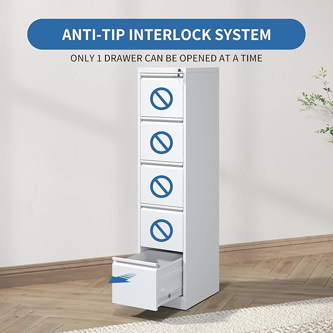 5 Drawer File Cabinet with Lock, Metal Vertical Filing Cabinets for Home Office, Steel Storage Cabinet for Hanging Legal/Letter Size Files, Assembly Required (White)