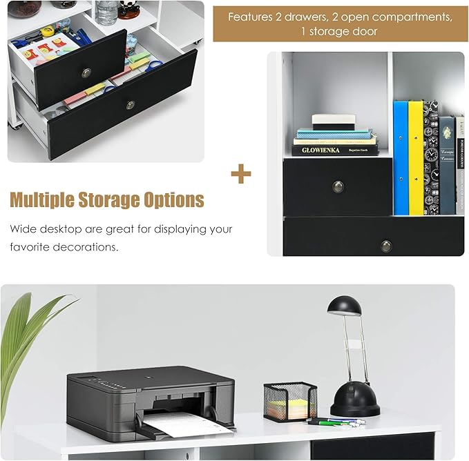 Giantex Mobile File Cabinet on Wheels - Lateral Filing Cabinet with Drawer, Open Shelves, Lockable Wheels, Printer Stand for Letter/Legal/A4 Size Files, Office Storage Cabinet (Round Knob)