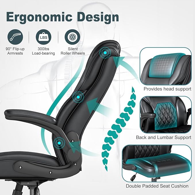 AnyGod Executive Office Chair, Comfy Ergonomic Computer Desk Chairs with Flip-up Armrests, Lumbar Support, High Back, 360° Swivel and Rocking Function for Home Office