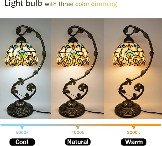Tiffany Lamp,21x11x8 inches Stained Glass Lamp,Beige Baroque Tiffany Style Table Lamp with Three-Color Dimming for Bedside Table,Dining Table,Antique Office