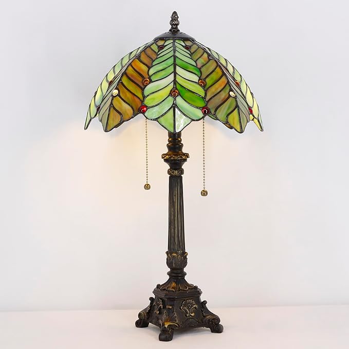 Tiffany Table Lamp Brown Green Leaf Style Stained Glass Desk Lamp 12X12X21 Inches Reading Light