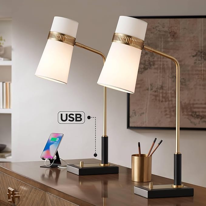 Possini Euro Design Cartwright 32" Tall Large Modern Glam Luxe Desk Lamps Set of 2 USB Port Black Gold Brass Finish Metal White Shade Home Office Living Room Charging Bedroom Bedside Nightstand