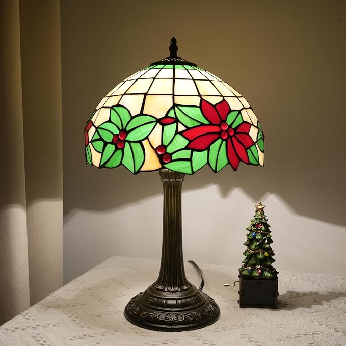 Tiffany Lamp Stained Glass Table Lamp 12 Inch Green Red Christmas Flower Warm Color Reading Lamp Suitable Shops Dormitories Home and Office Decoration Tiffany Style Retro Holiday Home Decoration Gift