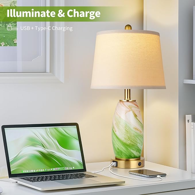 Green Lamps Set of 2 for Bedroom & Bedside with 3-Way Lighting Modes & USB C+A - Modern Style Glass Nightstand Table Lamps for Living Room & Bedroom Decoration (23.5" H)