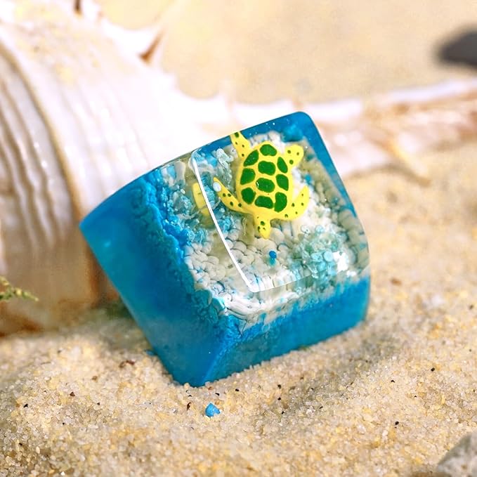 Sea Turtle Artisan Keycap Light Blue and White Coral R1 SA Profile Custom Sea Creatures Keycaps 1U ESC Handmade Gaming Resin Key Cap Cherry MX Switch Compatible Mechanical Keyboard Turtle Lover Gift