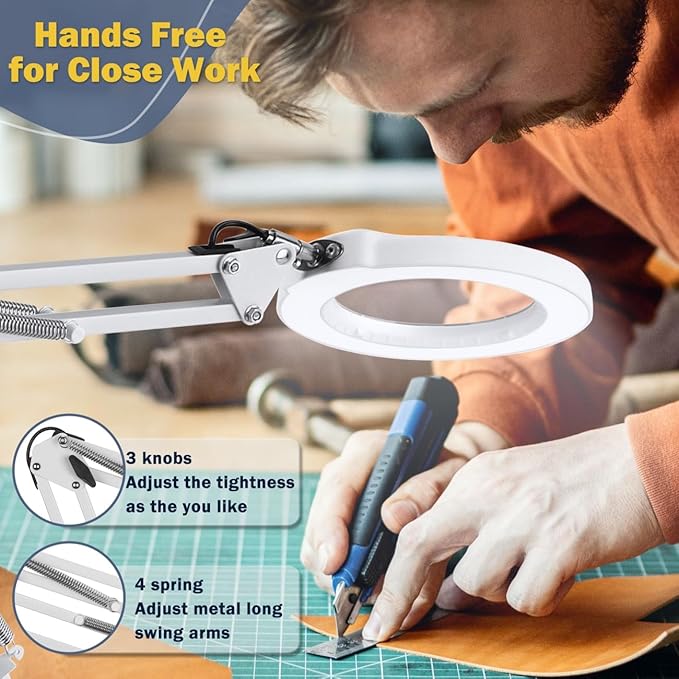LANCOSC 10X Magnifying Glass with Light and Clamp, 5 Color Modes Stepless Dimmable Lighted Magnifier with Light, Adjustable Swing Arm LED Desk Lamp Hands Free for Close Work Crafts Painting - White