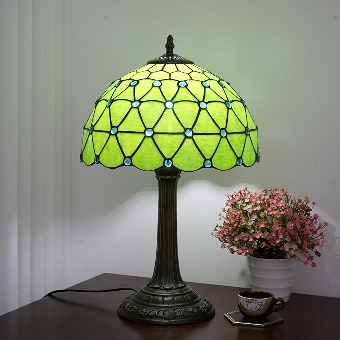 Green Tiffany Lamp For Bedrooms Bedside Stained Glass Table Lamp Farmhouse Lamps Night Stands Retro Traditional Nightstand Desk Decor Blue Beads Side Living Room End Desk Reding Lighting 12x12x19 Inch