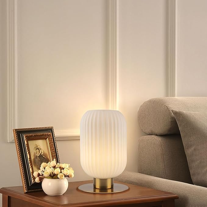 Mid Century Modern Bedside Lamp Set of 2, White Nightstand Lamp Glass Bedside Lamp with Round Metal Base, Vintage Gold Table Lamp Small Table Lamp for Bedroom Living Room Office
