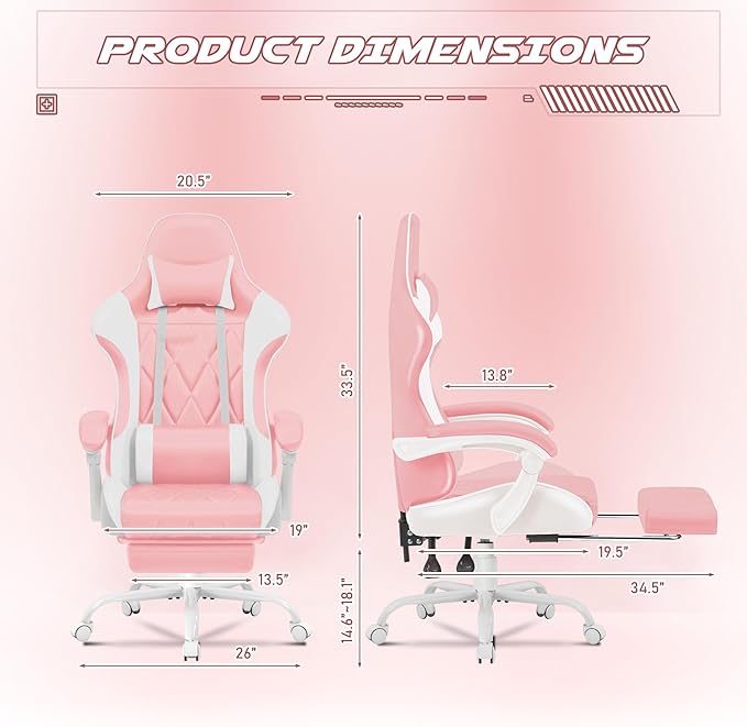 Homall Gaming Chair, Computer Chair with Footrest and Massage Lumbar Support, Ergonomic High Back Video Game Chair with Swivel Seat and Headrest (Pink)