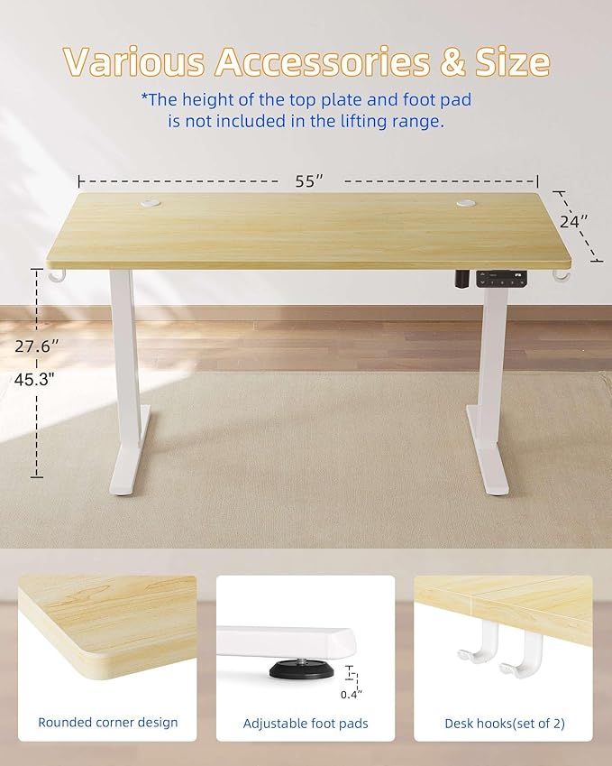 YIHAYO Electric Standing Desk, 55 x 24 Inches Stand Up Desk with Splice Board, Adjustable Height Desk, Computer Desk for Home Office, White Frame/Natural Top