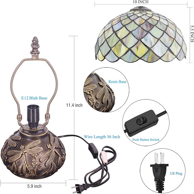 Small Tiffany Table Lamp Yellow Fish Scales Style Stained Glass Desk Lamp 10X11.5 Inch Mushroom Table Light for Office Home Living Room Bedroom