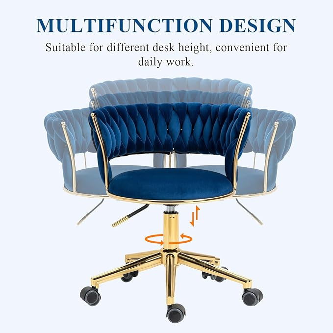 Home Office Chair with Hand Woven, Velvet Upholstered Desk Chair with Open Back, 360° Swivel & Height Adjustable Task Chair, Ergonomic Office Chair with Gold Base (Navy)