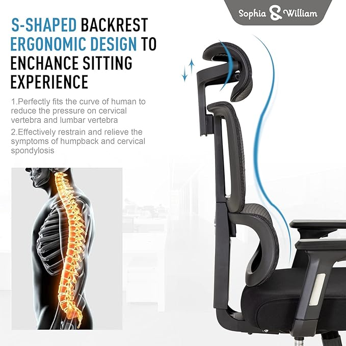 Sophia & William Ergonomic 3D Mesh Office Desk Chair High Back, 360° Swivel Rocking Executive Computer Chair with Height Adjustable Armrests, Lumbar Support and Headrest, Black, Load Capacity: 300 lbs