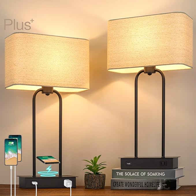 Set of 2 Wireless Charging Touch Control 3-Way Dimmable Table Lamps, Beside Nightstand Lamps for Bedroom with USB Port & AC Outlet, Living Room Office End Table Modern Black Lamps, LED Bulbs Included