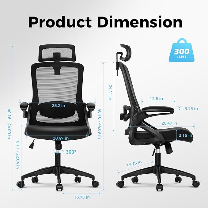 MAISON ARTS Ergonomic Office Desk Chair, Breathable Mesh Computer Chair with Adjustable Lumbar Support, Headrest and Flip up Armrests, Comfortable Task/Executive Chair for Home Office