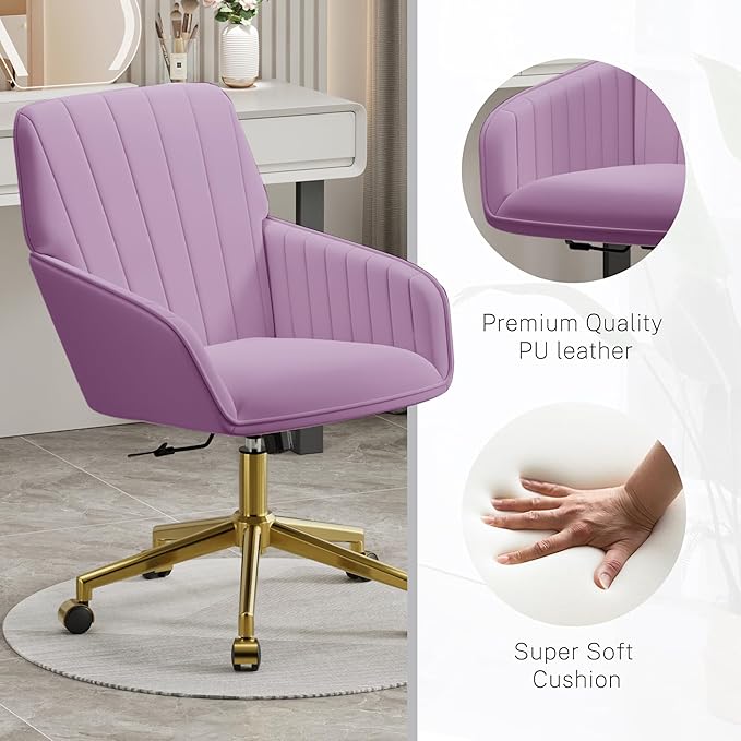 YISHENG Velvet Office Desk Chair with Gold Base, with Wheels,Modern Height Adjustable 360 Degree Swivel Upholstered Vanity Chairs with Arms for Living Room Bedroom,Purple
