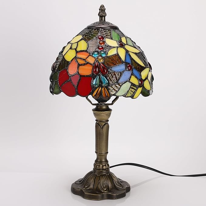 Tiffany Small Table Lamp 3 Color Temperatures Rose and Beads Stained Glass Bedside Nightstand Table Lamps for Bedroom,Living Room,Home Office Reading Desk Lamp+LED Bulb 8X8X15 Inch