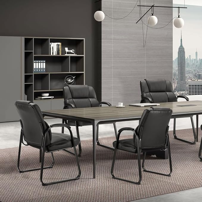 PU Leather Conference Room Chair, Tall Back Chairs with with Padded Arms and No Wheels, Guest Chairs of 2 for Reception Waiting Room Black