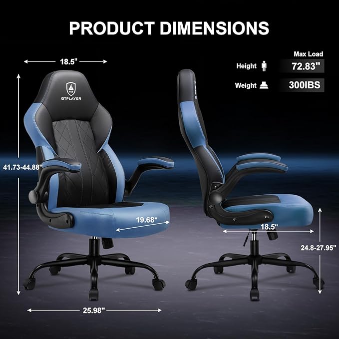 GTPLAYER Video Gaming Chair, Ergonomic Computer Gaming Chair with Flip-Up Armrests and Adjustable Height, Comfortable Desk Chairs with Built-in Lumbar Support, Recliner with 360°Swivel (Blue)