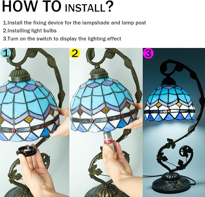 Tiffany Lamp,21x11x8inches Blue Stained Glass Lamp,Tiffany Style Table Lamp with Three-Color Dimming for Bedside Table,Dining Table,Antique Office