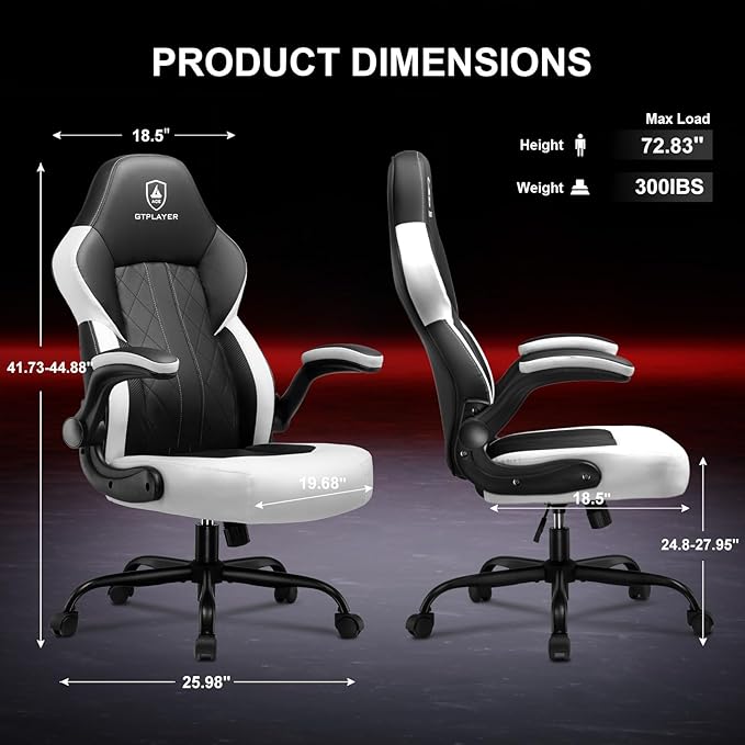 GTPLAYER Video Gaming Chair,Ergonomic Gaming Chair with Flip-Up Armrests,Comfortable Desk Chair with Adjustable Height,Computer Chair with Built-in Lumbar Support, Recliner with 360° Swivel (White)