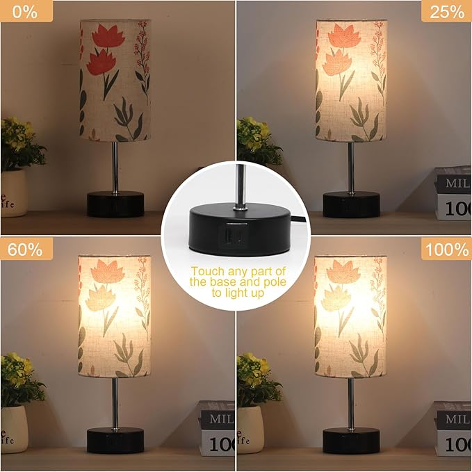 Touch Bedside Table Lamp, 2 USB Ports, 3-Way Dimmable Bedside Lamp for Bedroom, Nightstand Lamp with Round Flower Fabric Shade for Living Room, Home Office