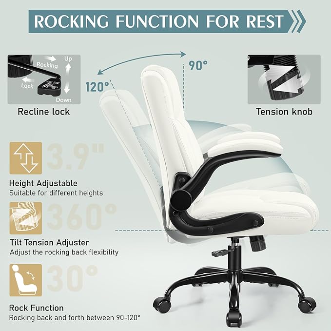 Leather Office Chair, PU Home Computer Desk Chairs with Ergonomic Back Support, 360° Swivel Free,Small Gmaing Chair with Wheels and Adjustable Armrests, for Short People Use, White