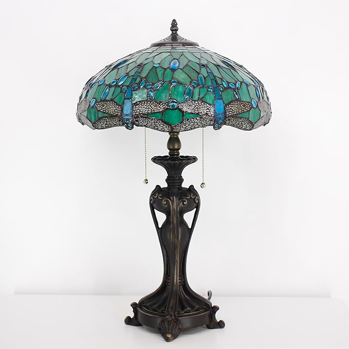 Tiffany Stained Glass Table Lamp 16X16X24 Inch Green Dragonfly Style Desk Bedroom Living Room Antique Reading Light (Green Dragonfly)