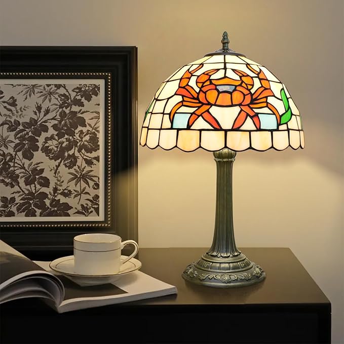 Tiffany lamp 12 inch stained glass lamp crab warm light reading lamp Bed lamp Tiffany style is suitable for bedroom dormitory living room study and other classical art home decoration handicrafts gift