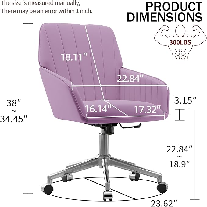 YISHENG Velvet Office Desk Chair with Silver Base, with Wheels,Modern Height Adjustable 360 Degree Swivel Upholstered Vanity Chairs with Arms for Living Room Bedroom,Light Purple