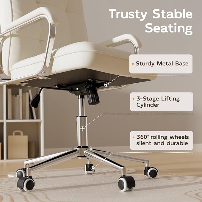 White Office Chair with Soft Leather, Swivel Computer Home Office Desk Chair with Wheels and Padded Arms, Adjustable Height and Tilt