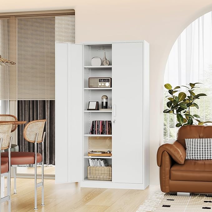 Metal Storage Cabinet-72” Tall Steel File Cabinets with Lockable Doors and 5 Adjustable Shelves-White Steel Storage Cabinet for Home, School, Office, Garage