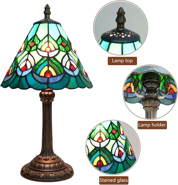 Green Peacock Decor Small Tiffany Style Table Lamp Antique Stained Glass Lamps Vintage Bedroom Bedside Reading Light Living Room Hotel Bar Kitchen Home Red Glass Bead Cute Accent Night Light 8 Inch