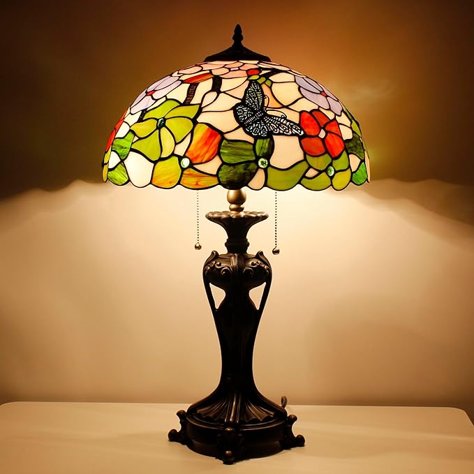 Tiffany Stained Glass Table Lamp 16X16X24 Inch Butterfly Flowers Style Desk Bedroom Living Room Antique Reading Light (Butterfly Flowers)