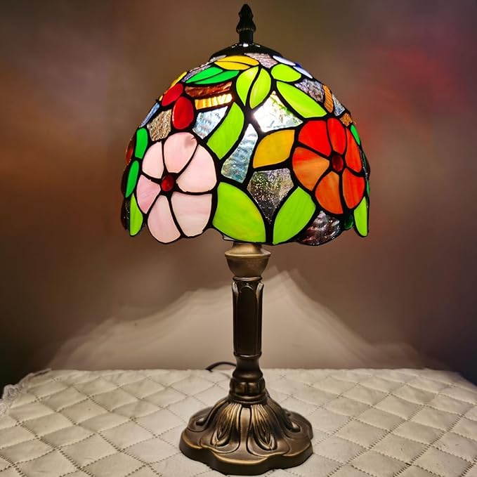 Tiffany Small Table Lamp 3-Way Color Temperatures Grape Rose Flower Stained Glass Lamps for Living Room Bedroom Bedside Nightstand Home Office Desk Night Light+LED Bulb 8X8X15Inch