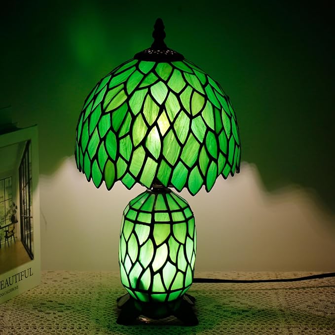 Small Tiffany Lamp Stained Glass Table Lamp Mini Mother Daughter Vase Desk Accent Night Light for Bedroom Bedside Reading Home Antique Style 8X14 Inches (Green Wisteria)