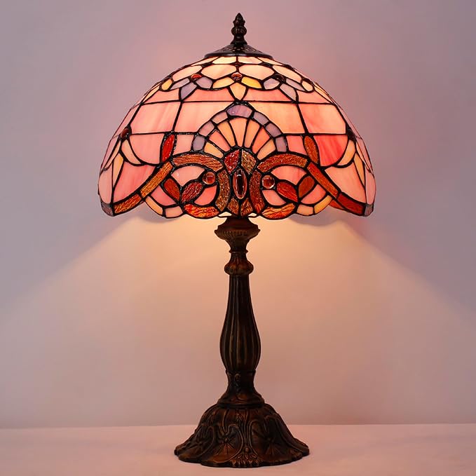 Tiffany Lamp Touch Control Table Lamp Pink Stained Glass Desk Lamp 12X12X19 Inches Baroque Style Reading Light