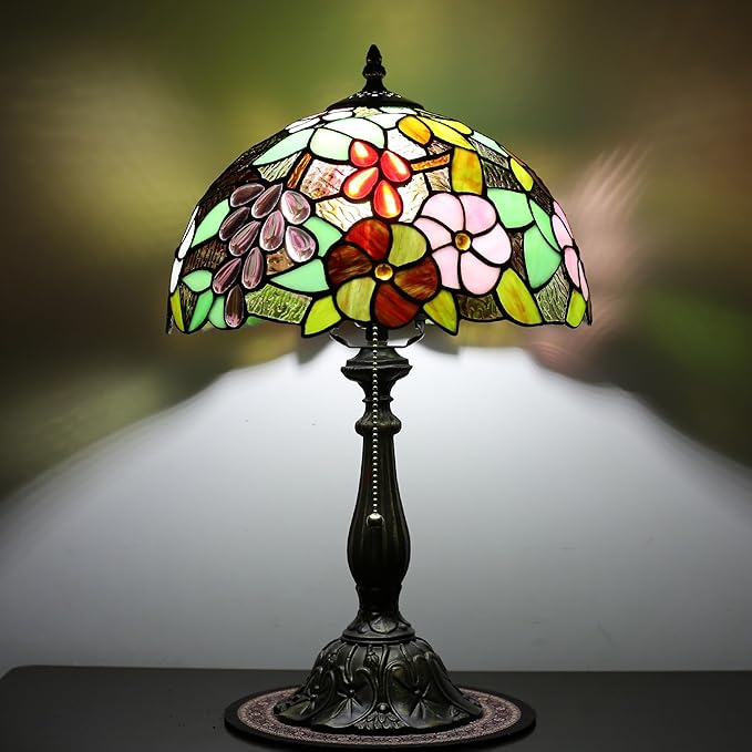Tiffany Lamp 12-inch Grape Rose Stained Glass Lamp, Bedside Table Lamp, Suitable for Bedroom, Living Room, Home Office, Home Decor Art, E26 Bulb (Not Included in Delivery)